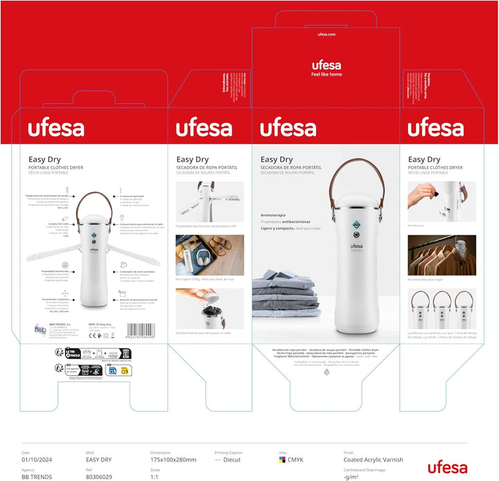 Ufesa Easy Dry, Wäschetrockner Klein, Bakterizides Desinfektionsgerät mit UV-Licht, Mini Trockner, D
