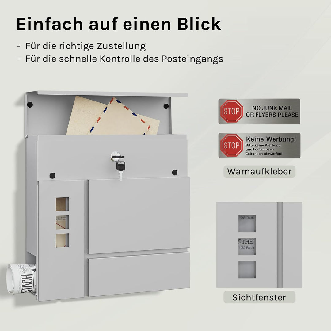 WOLTU Briefkasten Postkasten mit Zeitungsfach Sichtfenstern Klappdeckel, Wandbriefkasten abschliessb