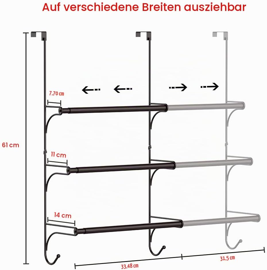 3 Stangen Handtuchhalter über der Tür - Verstellbarer Badezimmer Handtuchhalter ohne Bohren - Hängen