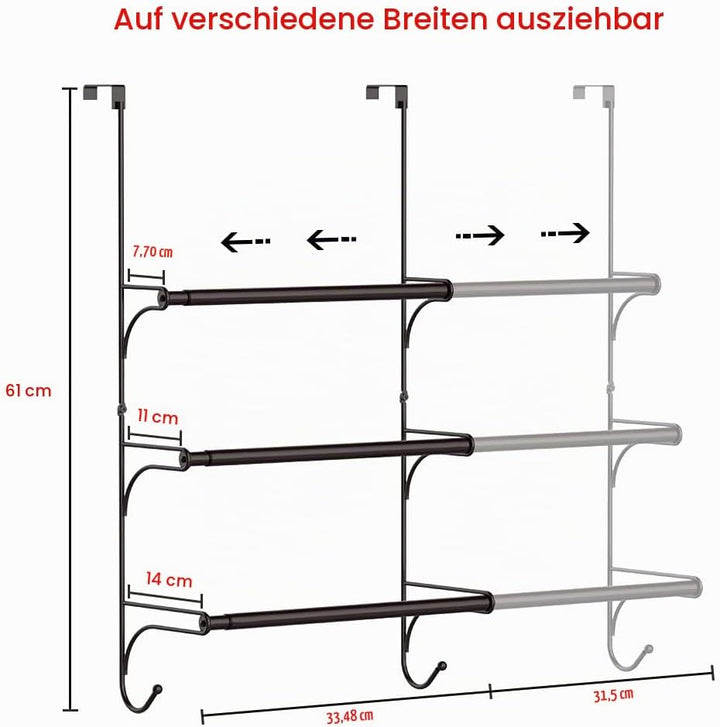 3 Stangen Handtuchhalter über der Tür - Verstellbarer Badezimmer Handtuchhalter ohne Bohren - Hängen