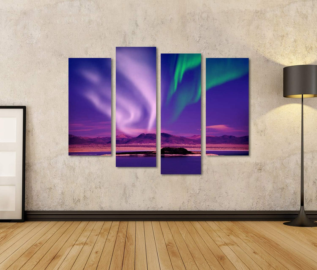 islandburner Bild auf Leinwand Nordlichter Aurora Borealis Nachthimmel See Landschaft Bilder Wandbil