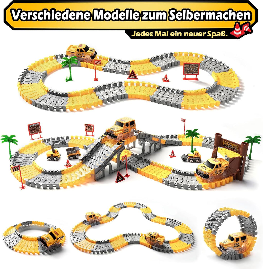 Jungen Autorennbahn ab 3 4 5 6 7 8 Jahre, 264 Stück 5 Cars Bagger Spielzeug Autorennbahn Rennbahn 2