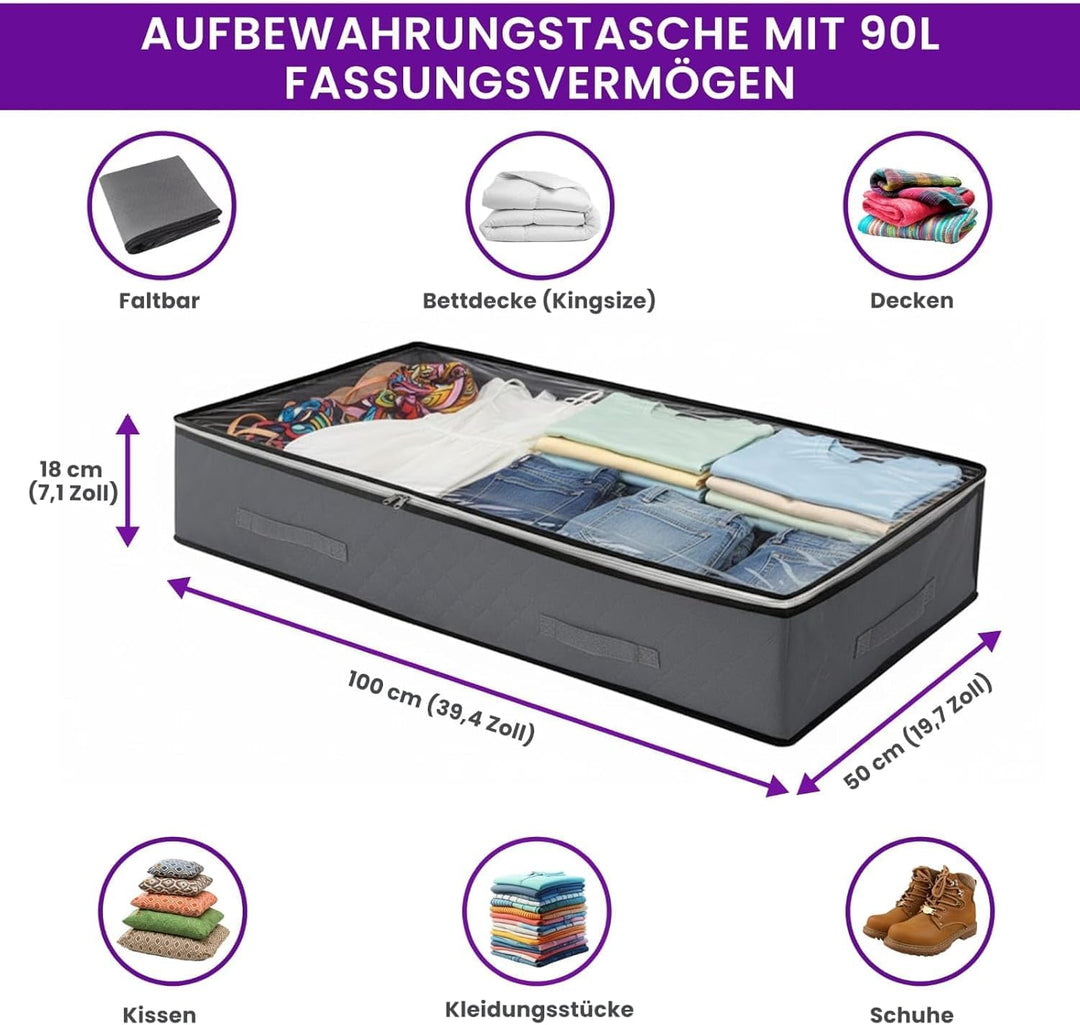 Unterbett Aufbewahrungsbox 90L (4er Set) mit ZUSÄTZLICHEN Schuhbeuteln – Faltbare Unterbett Aufbewah
