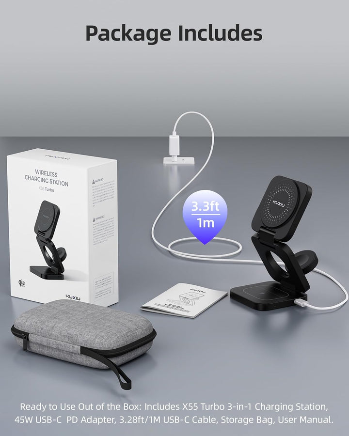 KU XIU X55 Turbo Qi2.2 25W Ladestation für Magsafe, Faltbar 3 in 1 Ladestation für Apple Watch und i