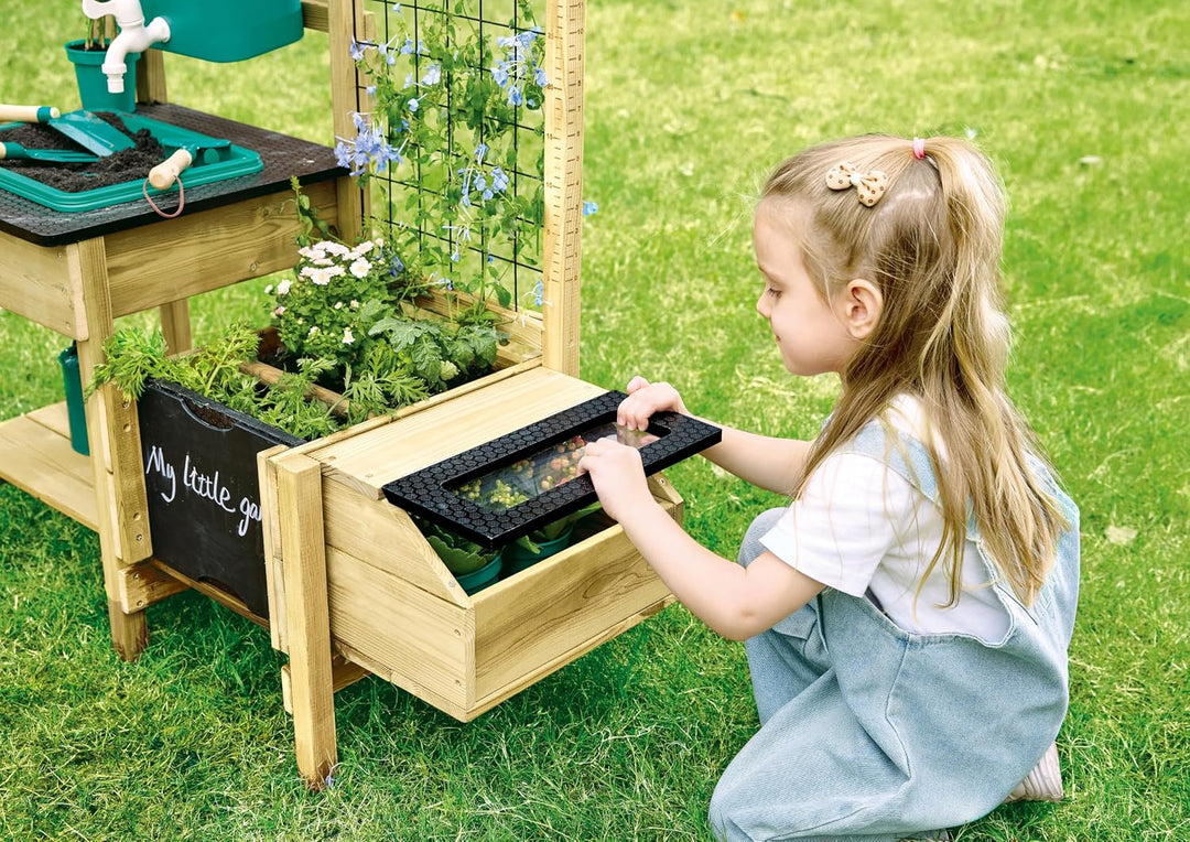 Hape Kinderpflanztisch aus Holz – Gartenspielzeug Set mit Pflanztagebuch, Giesskanne &amp; Werkzeug – Ho