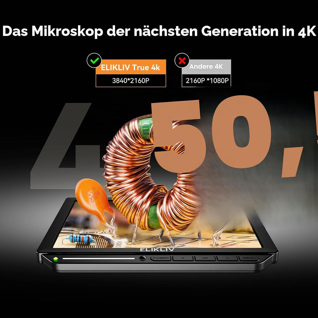 Elikliv EM4K Flex 4K Löt-Digitalmikroskop 2000x, Flexibler Armständer, 10,1" HDMI-Mikroskop mit Ring