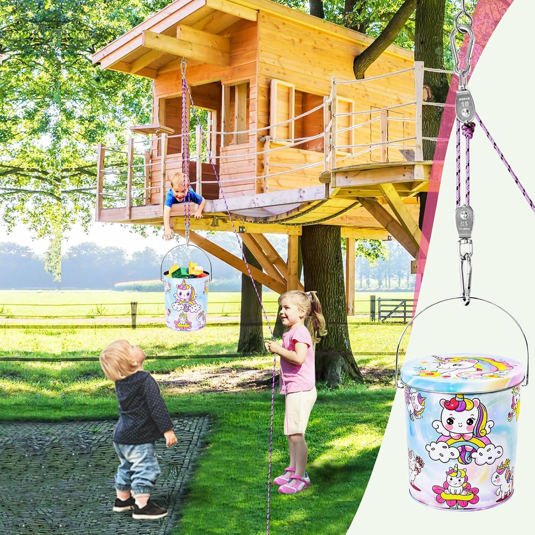 FORMIZON Flaschenzug Kinder, Flaschenzug Riemenscheibe mit Metalleimer, Zubehör fürs Baumhaus Spielt