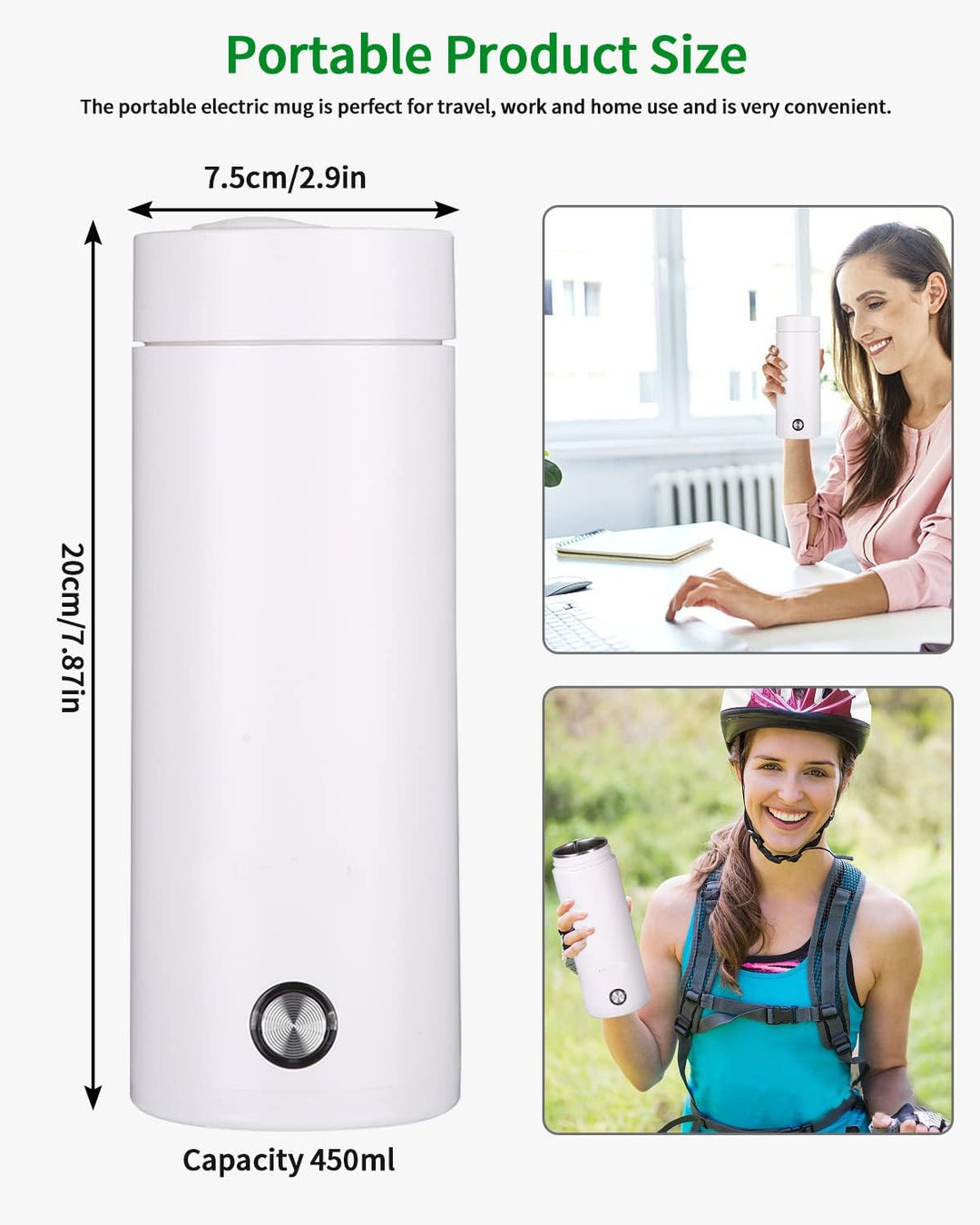 Elektrischer Mini-Wasserkocher für unterwegs, 450 ml, tragbarer Edelstahl-Wasserkocher mit zwei Unte