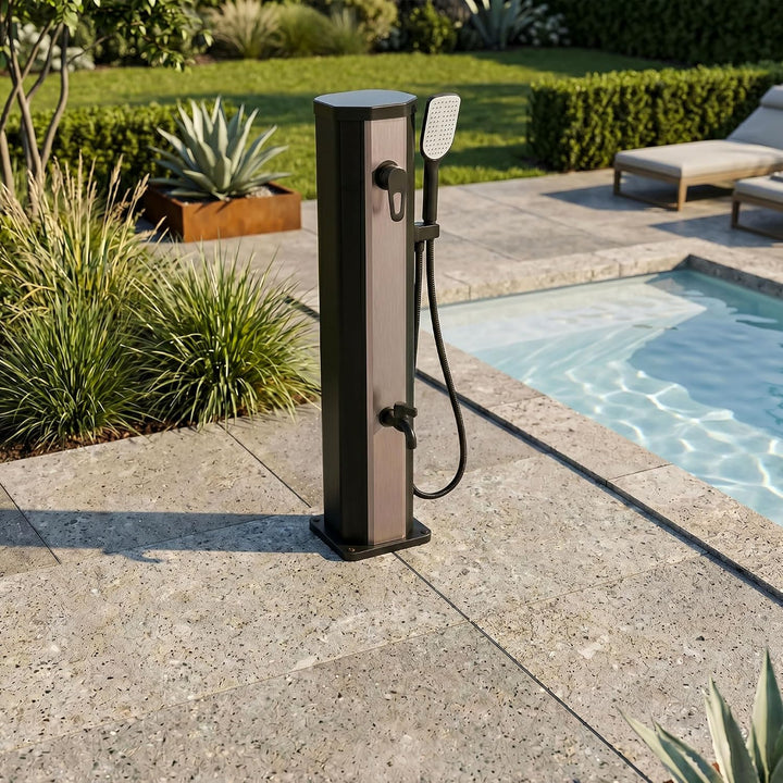 FRANKYSTAR Tanaga 20 - Niedrige Solardusche für Garten, 20 l mit Handbrause und Waschbecken