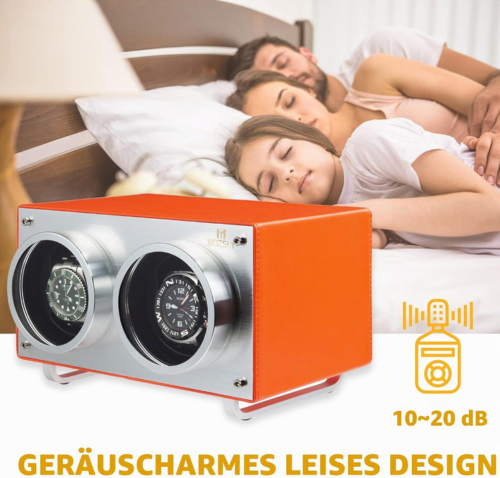 MOZSLY Doppel Uhrenbeweger für Automatikuhren mit leisem Motor Grau Hanf Baumwoll Gewebe Orange, Ora
