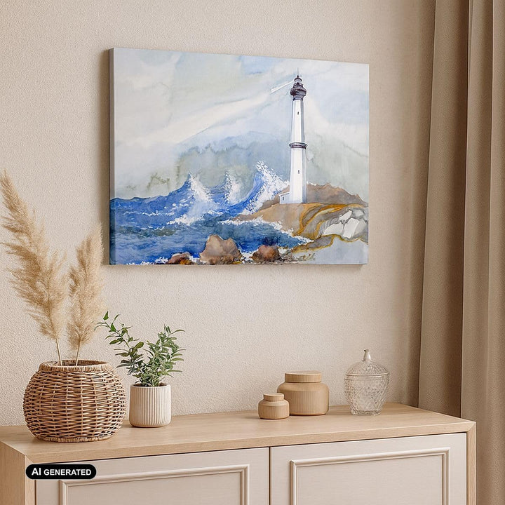 Bilder auf Leinwand Leuchtturm Wasser Illustration Welle Leinwandbild 70x50cm Wandbilder Dekoration