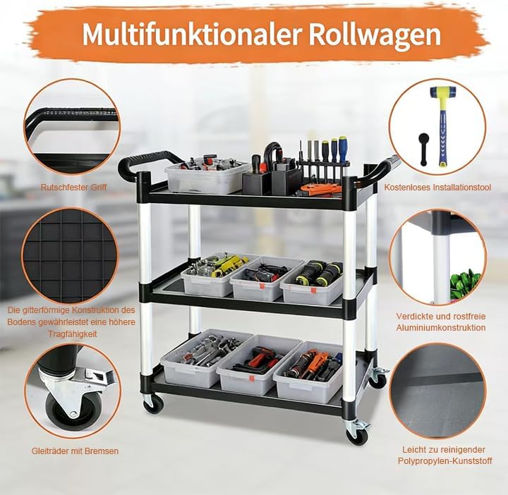 Kapler Rollwagen: Aluminium Rollwagen mit 3 Ebenen, Leicht und Stabil, Schwarz-Weiss, Mit Handgriffe