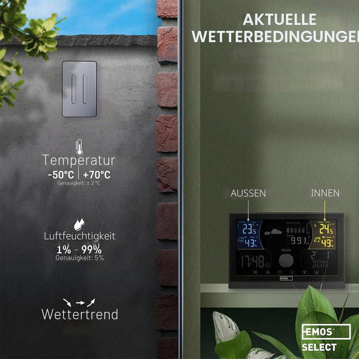 Emos Wetterstation Funk mit Aussensensor, Touchscreen und Farbdisplay, DCF Empfangssignal Funkuhr -