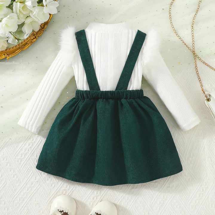Kleinkind Baby Mädchen Kleidung Langarm Strick Rippenoberteile Schleife Cord Hosenträgerrock Kleid O
