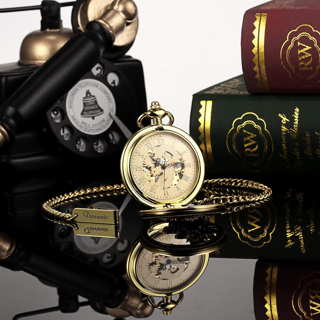 TREEWETO Unisex Taschenuhr mit Kette Analog Handaufzug Mechanisch Antik Drache Skelett Für Herren Da