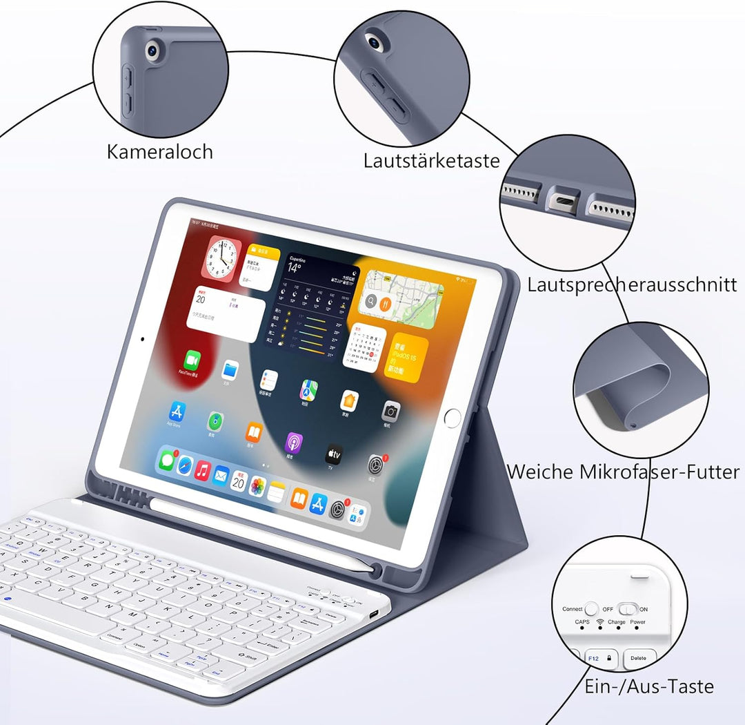 Tastatur Hülle für iPad 9./ 8./ 7.Gen (2021/2020/2019) mit Stifthalter, Soft TPU Schutzhülle, magnet