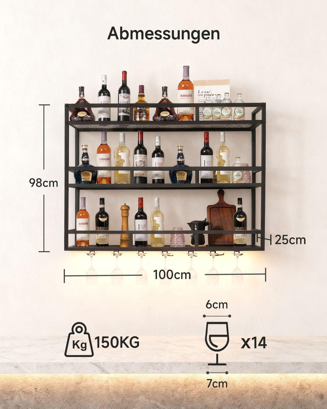 Weinregal Wand aus Metall 100 cm 3-stöckiges Modernes Wandregal mit LED-Beleuchtung, Flaschenhalter