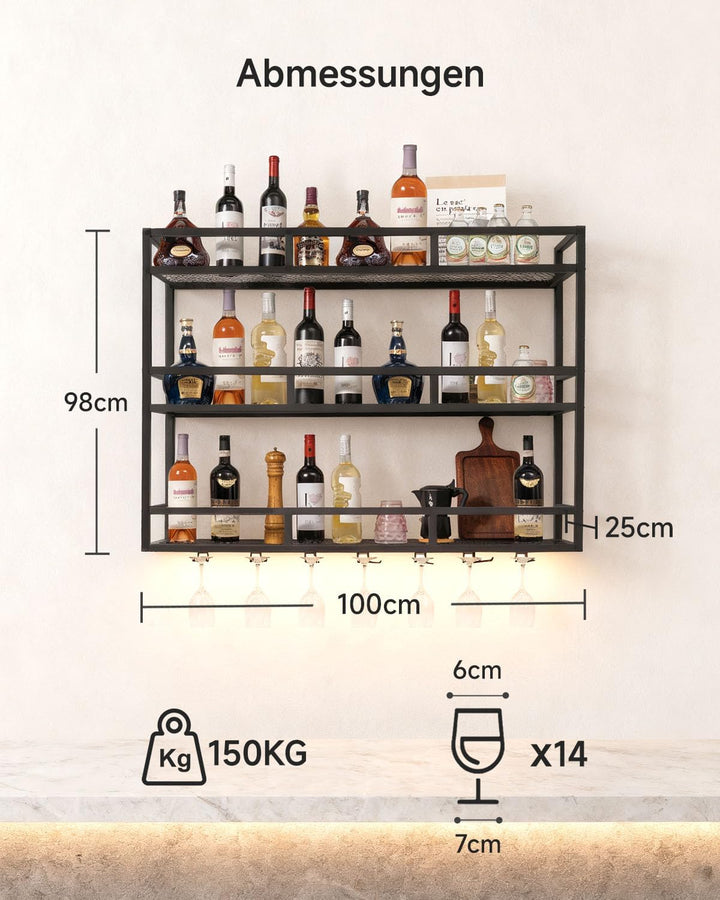 Weinregal Wand aus Metall 100 cm 3-stöckiges Modernes Wandregal mit LED-Beleuchtung, Flaschenhalter