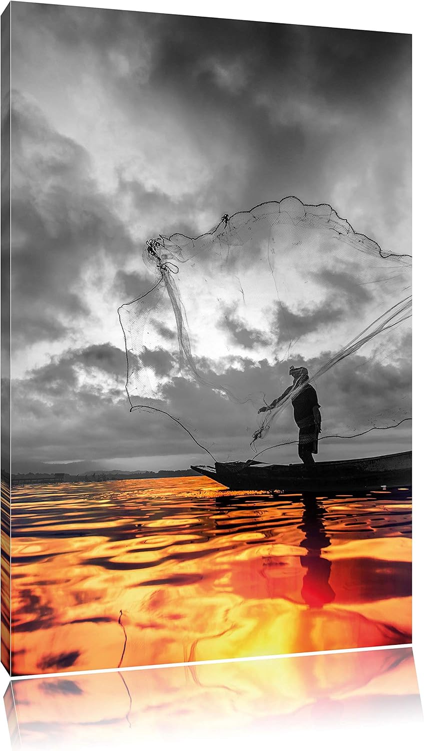 Pixxprint Angler mit grossem Fangnetz auf See als Leinwandbild/Grösse: 100x70 cm/Wandbild/Kunstdruck
