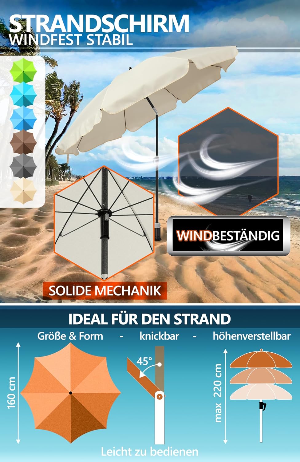 4smile Sonnenschirm Strand SunnyJoy, 3-in-1 SET, Beige - UPF 50+ Strandschirm Ø 160 cm + Sonnenschir