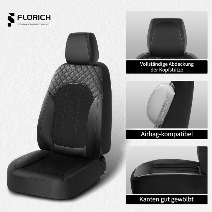 FLORICH Autositzbezüge Komplettset Vordersitzbezüge, PU Leder Air-Mesh Sitzbezüge Atmungsaktiver Sit