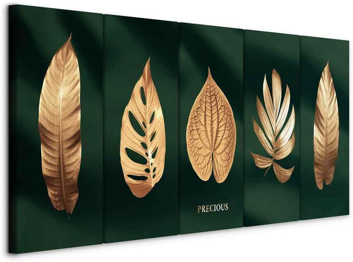 murando - Bilder goldene Blätter 150x60 cm Vlies Leinwandbild 5 Teilig Kunstdruck modern Wandbilder