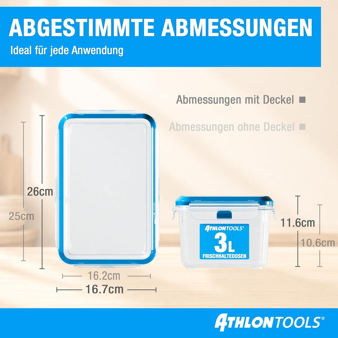 ATHLON TOOLS 4x 3L Frischhaltedosen-Set - 100% luftdicht und auslaufsicher -40 bis +100 Grad - für a