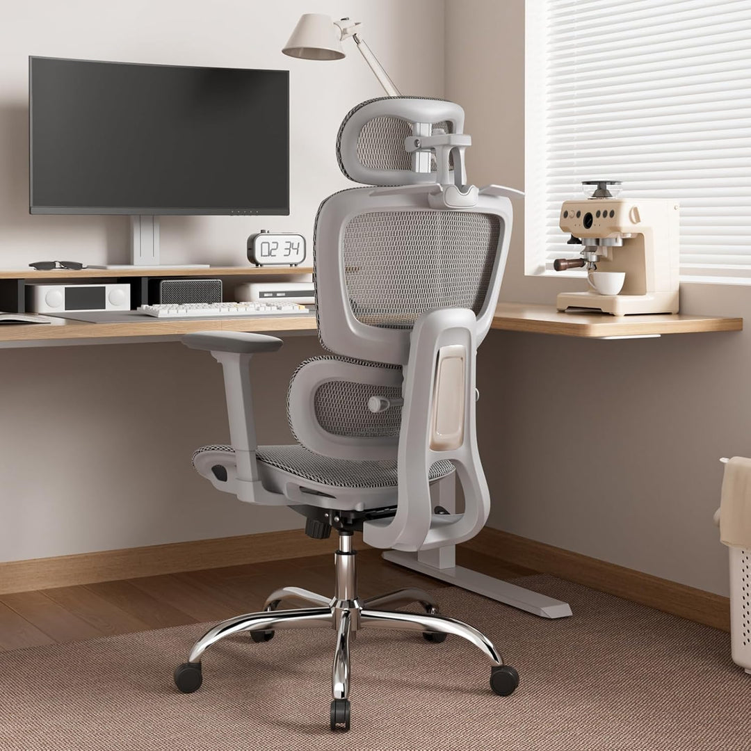 Ergonomischer Bürostuhl Schreibtischstuhl, Netzstoff Drehstuhl mit 2D-Lendenwirbelstütze & 3D-Kopfst