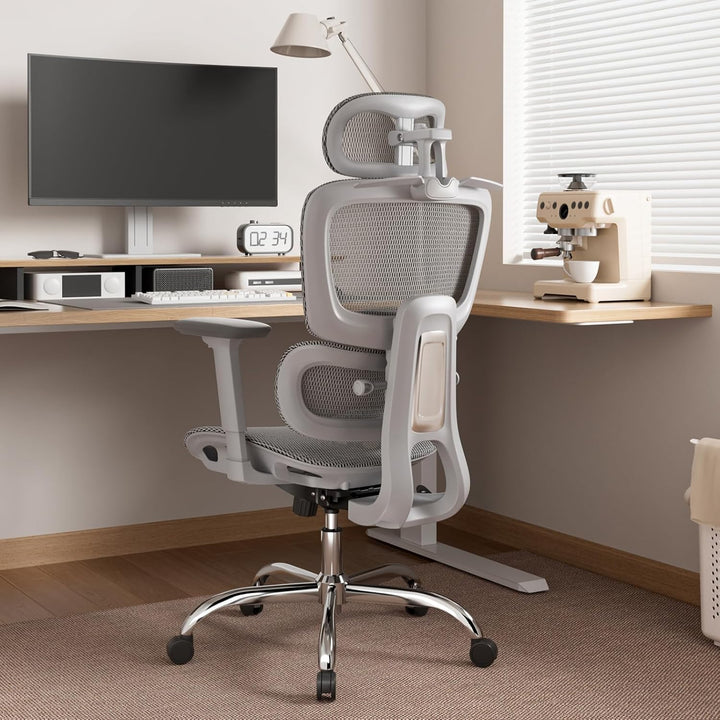 Ergonomischer Bürostuhl Schreibtischstuhl, Netzstoff Drehstuhl mit 2D-Lendenwirbelstütze & 3D-Kopfst
