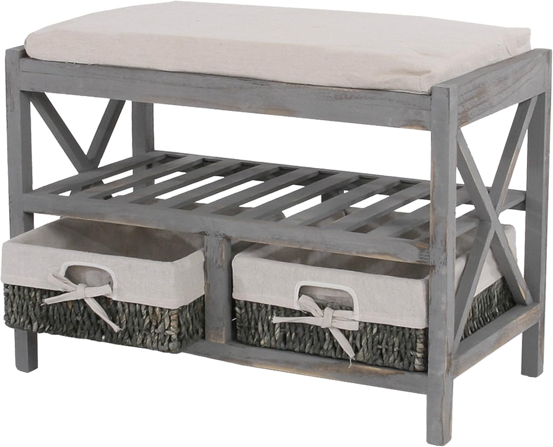 Mendler Schuhregal HWC-C48, Sitzbank Schuhablage, Shabby-Look Vintage 45x65x34cm - grau, Grau