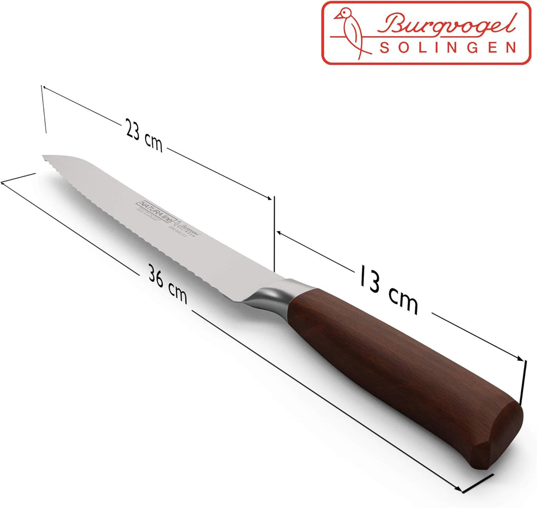 Burgvogel Solingen Natura Line, Brotmesser Holzgriff, rot satiniert, geschmiedet, 22 cm mit Wellensc