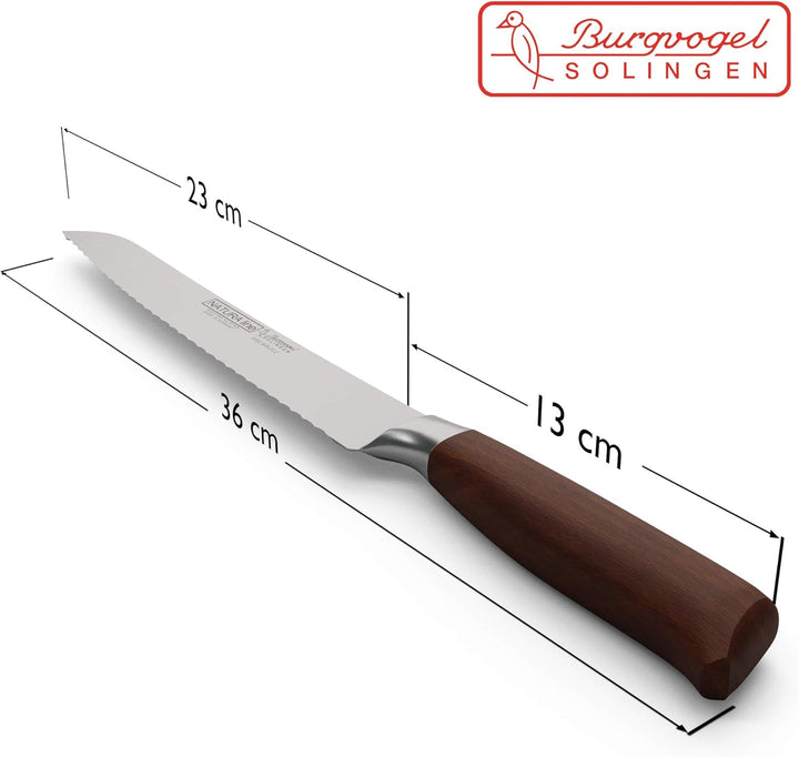 Burgvogel Solingen Natura Line, Brotmesser Holzgriff, rot satiniert, geschmiedet, 22 cm mit Wellensc