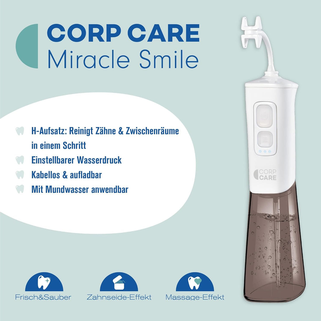CorpCare MiracleSmile + 6 Aufsätze - Elektrische Munddusche - Zahnreinigung - Zahnhygiene - Kabellos
