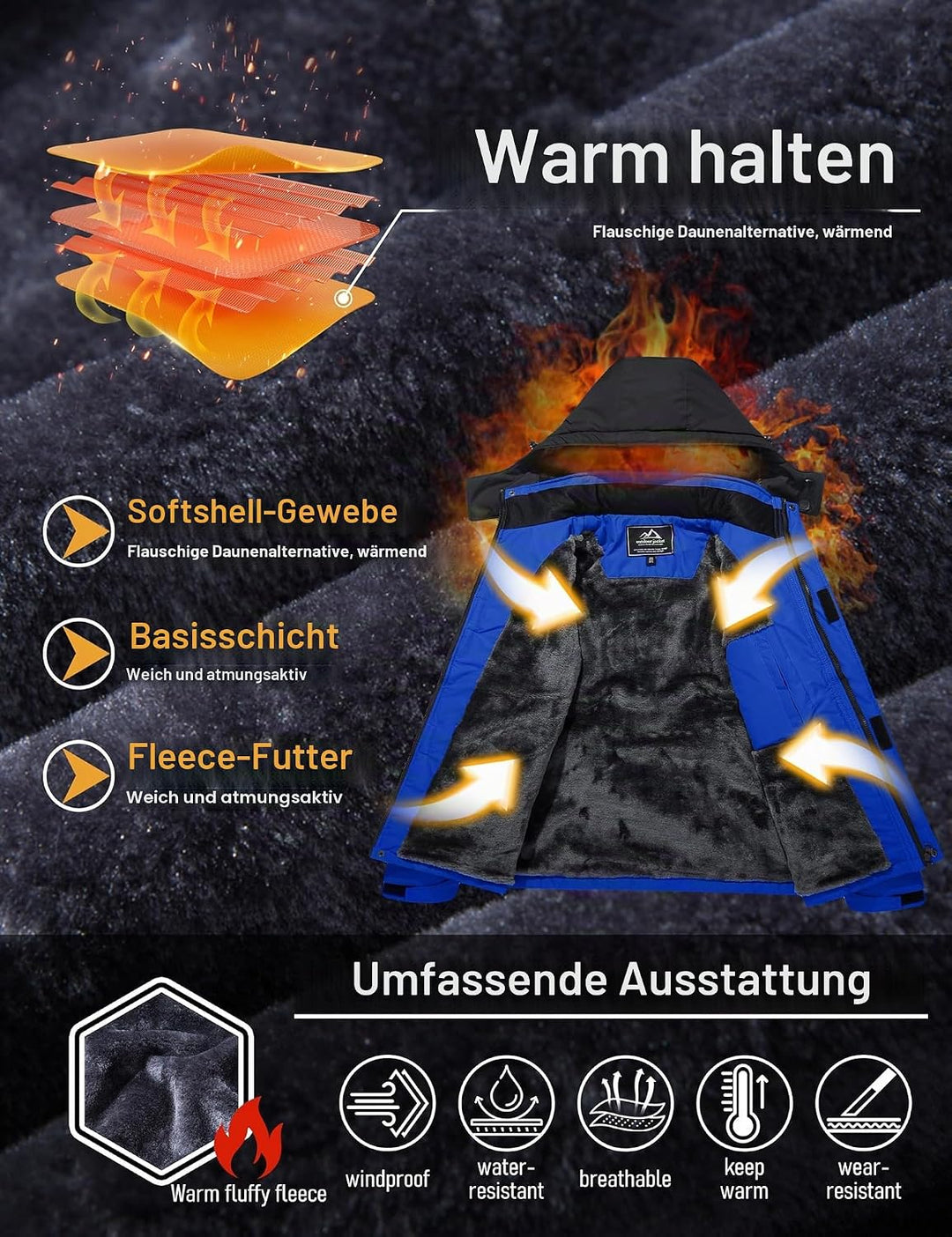 MAGCOMSEN Herren Winter Skijacke Fleece Gefüttert Jacke Outdoor Verdickt Softshelljacke Wasserdicht