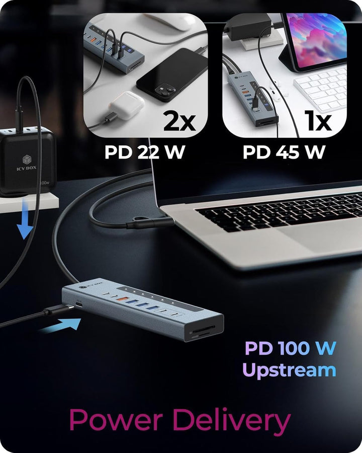 ICY BOX (11-in-1) USB-C Hub mit Kartenleser, 2X USB-C &amp; 1x USB-A (10 Gbit/s), 3X USB-A (5 Gbit/s), 1