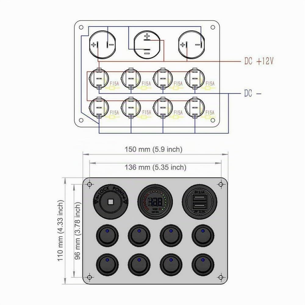 KAOLALI 12V/24V Schalter Panel, Dual-USB-Ladegerät LED Voltmeter Zigarettenanzünder 8 Kippschalter E