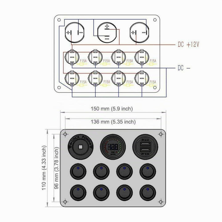 KAOLALI 12V/24V Schalter Panel, Dual-USB-Ladegerät LED Voltmeter Zigarettenanzünder 8 Kippschalter E