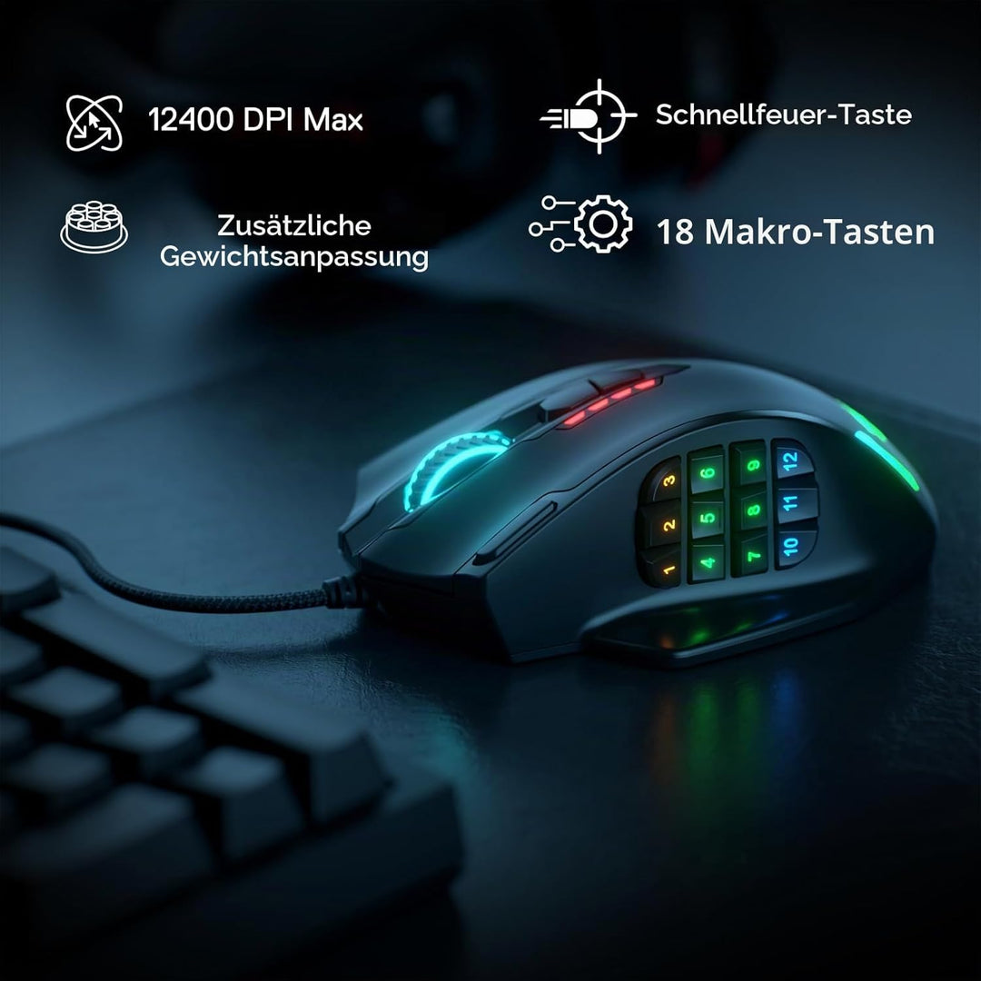 Redragon M908 Impact RGB LED MMO Maus USB Laser Gaming Maus mit 12400dpi, Hohe Präzision, 20 program