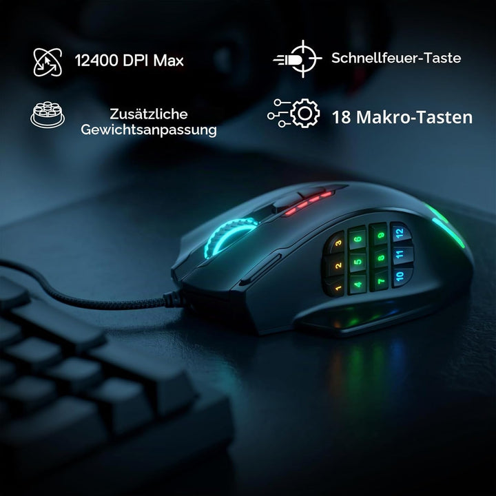 Redragon M908 Impact RGB LED MMO Maus USB Laser Gaming Maus mit 12400dpi, Hohe Präzision, 20 program