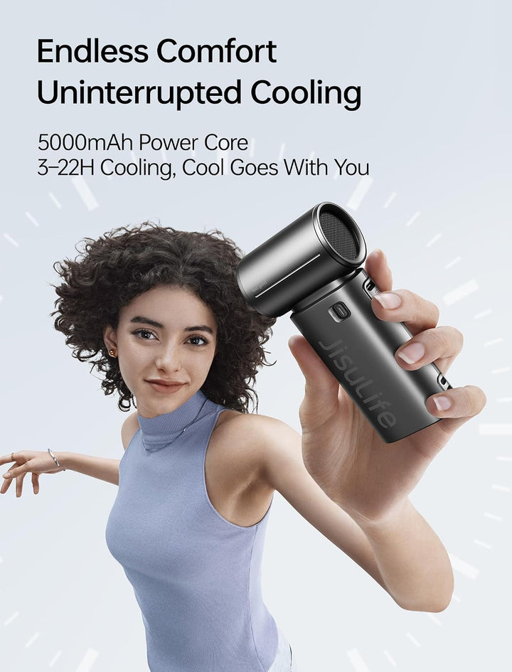 JISULIFE Tragbarer Handventilator 9S, Turbo Power, bis zu 22 Stunden Laufzeit, 5000 mAh Akku, 5-Gang