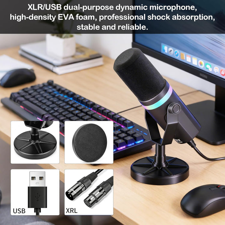 Dual-Interface Mikrofon, mit RGB-Atmungslicht und Echtzeit-Monitoring, 192 kHz/24 Bit, XLR/USB Dynam