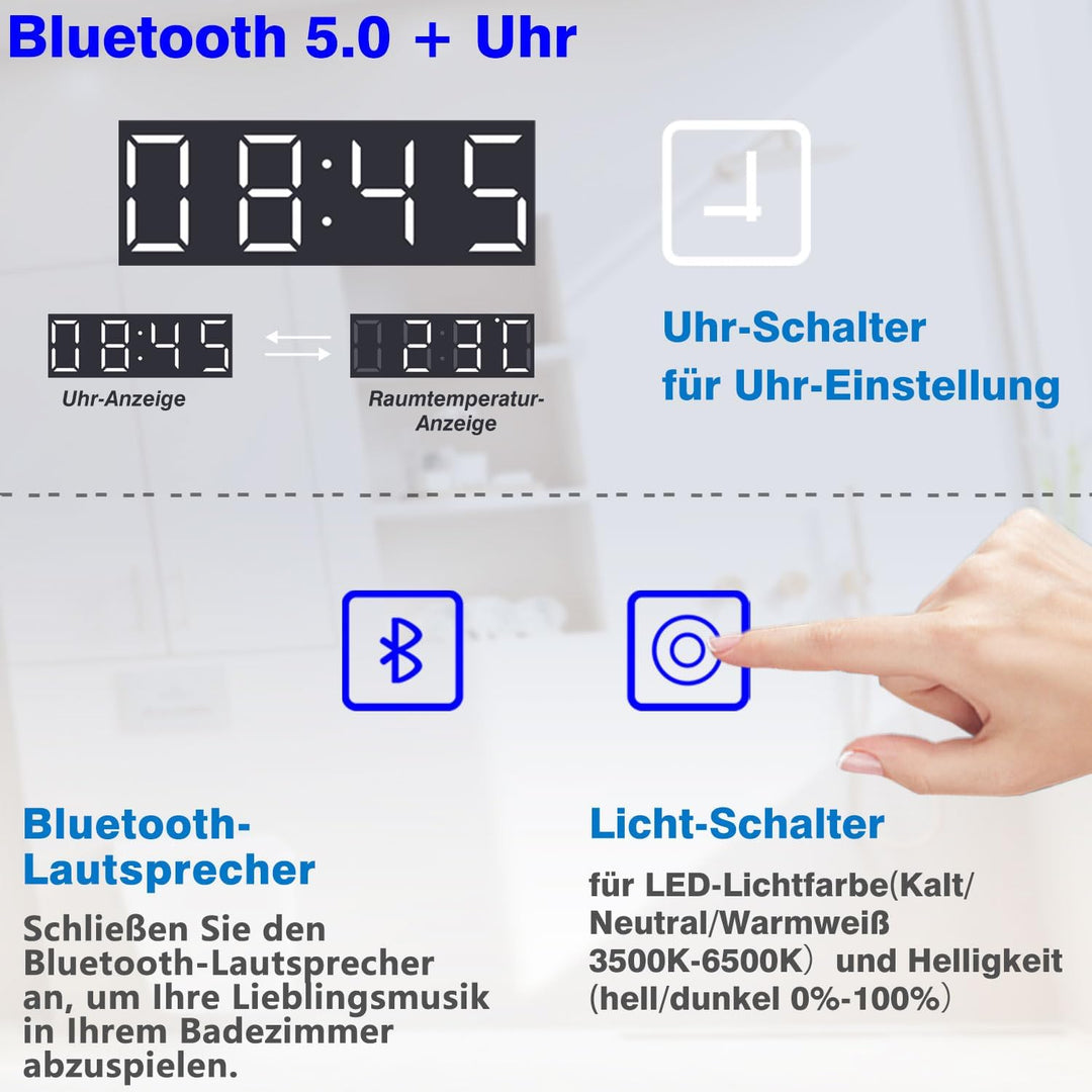 Badspiegel mit Bluetooth 80×60cm Uhr Schminkspeigel Kalt/Neutral/Warmweiss dimmbar Touch/Wandschalte