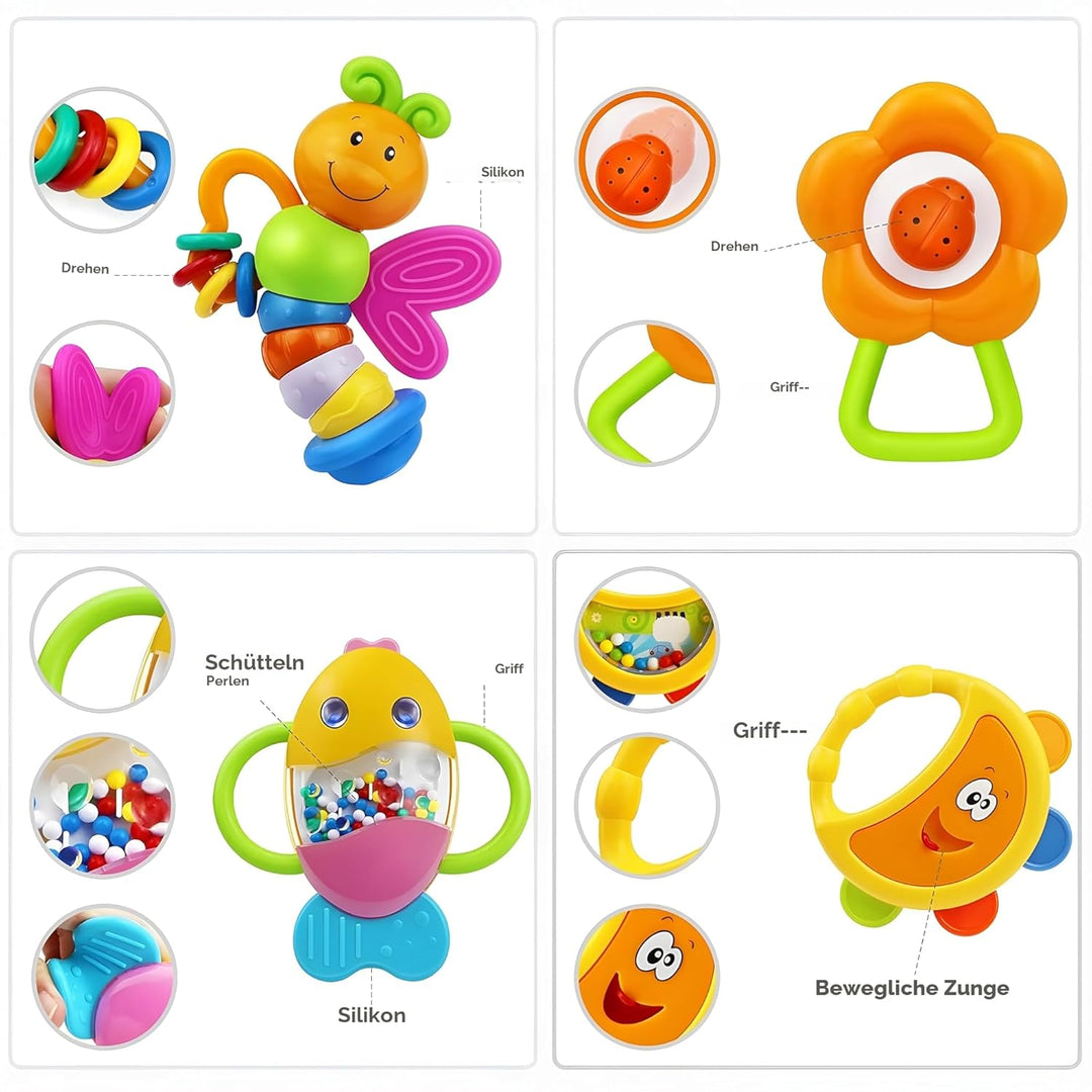 MOONTOY Baby Rassel BeissRing Set Baby Spielzeug ab 0 1 2 3 4 5 6 7 8 9 10 11 12 Monate, 12PCS Shake