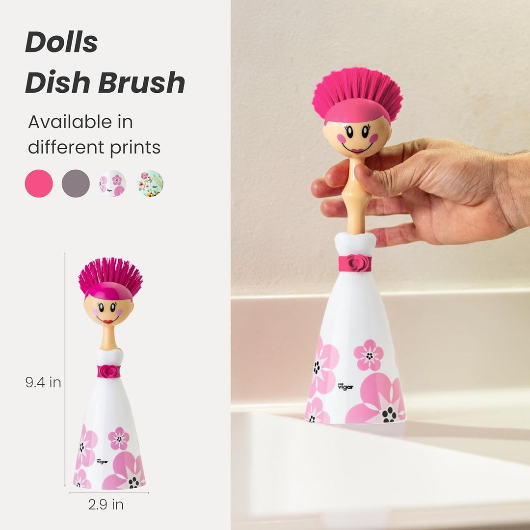 VIGAR Dolls April robuste Spülbürste mit Ständer, ABS, Nylon, Silikon Weiss Rosa April, Weiss Rosa A
