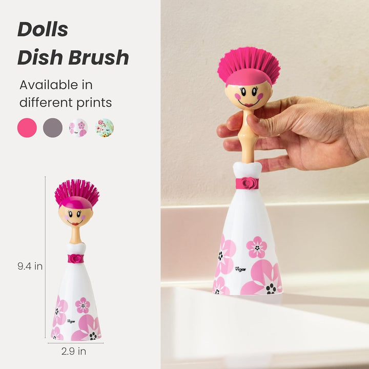 VIGAR Dolls April robuste Spülbürste mit Ständer, ABS, Nylon, Silikon Weiss Rosa April, Weiss Rosa A