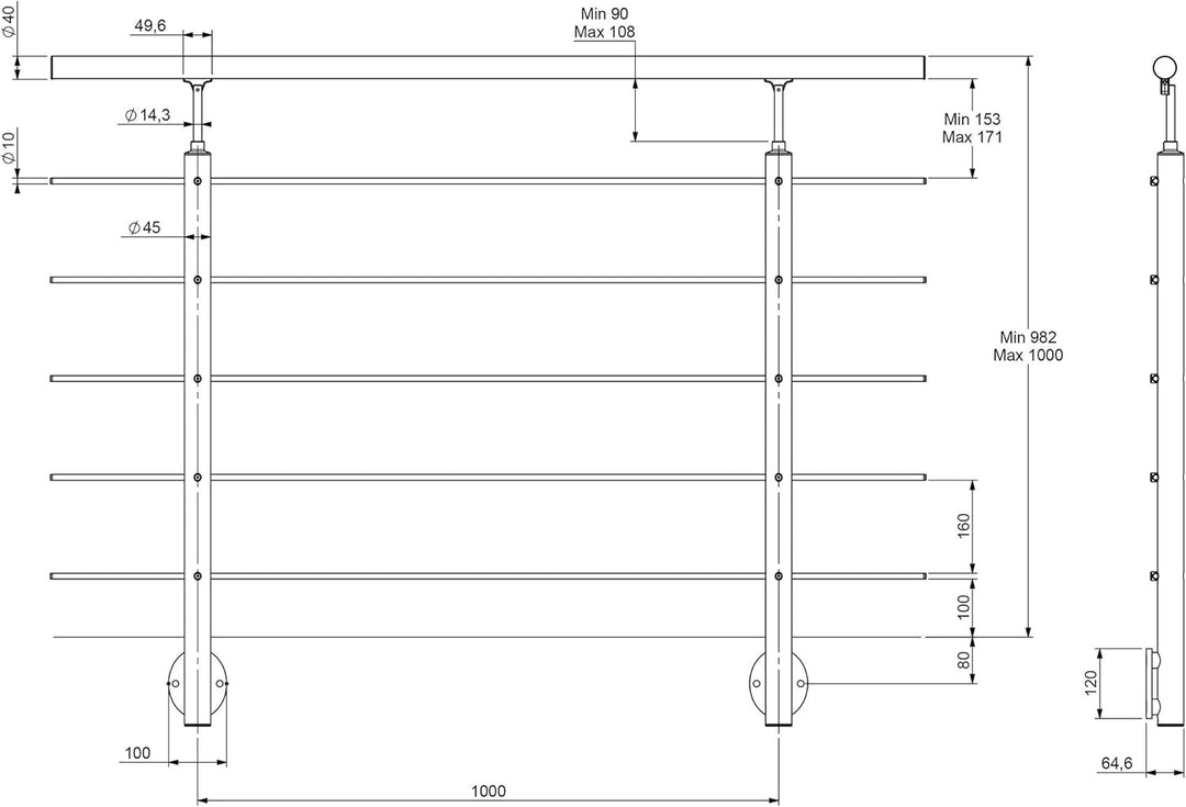 DOLLE Aluminium Geländer Set seitliche Montage 1,50 m. Montage Seitlich, Montage Seitlich