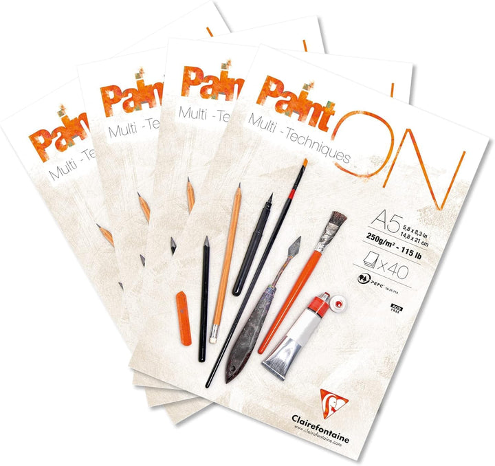 Clairefontaine 96538C - Packung mit 4 Blöcken Paint´ON feinkörnig, DIN A5, kopfseitig geleimt, 40 Bl