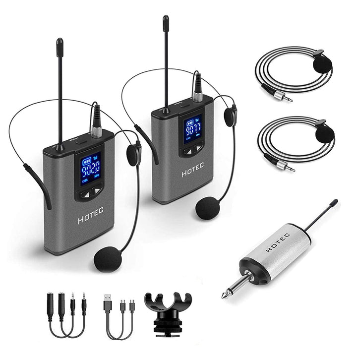 Hotec Dual UHF Kabelloses Headset Mikrofon/Lavalier-Mikrofon mit Bodypack-Transmitter und Mini-Empfä
