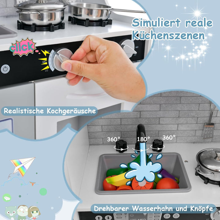 GOPLUS Kinderküche aus Holz, Kinderspielküche mit Mikrowellen, Backofen, Wasserbecken, Kreidetafel &
