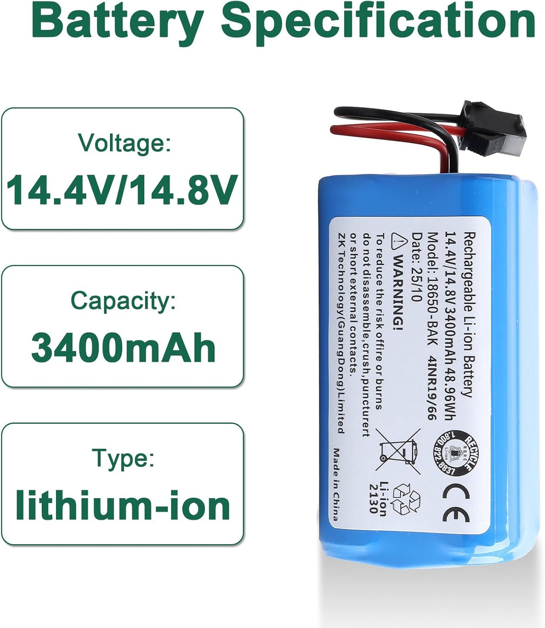 14.4V/14.8V 3400mAh Ersatzakku Kompatibel mit Lefant T700/M210P/M1 Venga VG RVC 3000 Robot Vacuum Cl